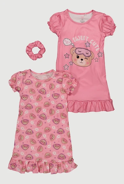 Toddler Girls Sweet Cute Bear Graphic Nightgowns with Scrunchie