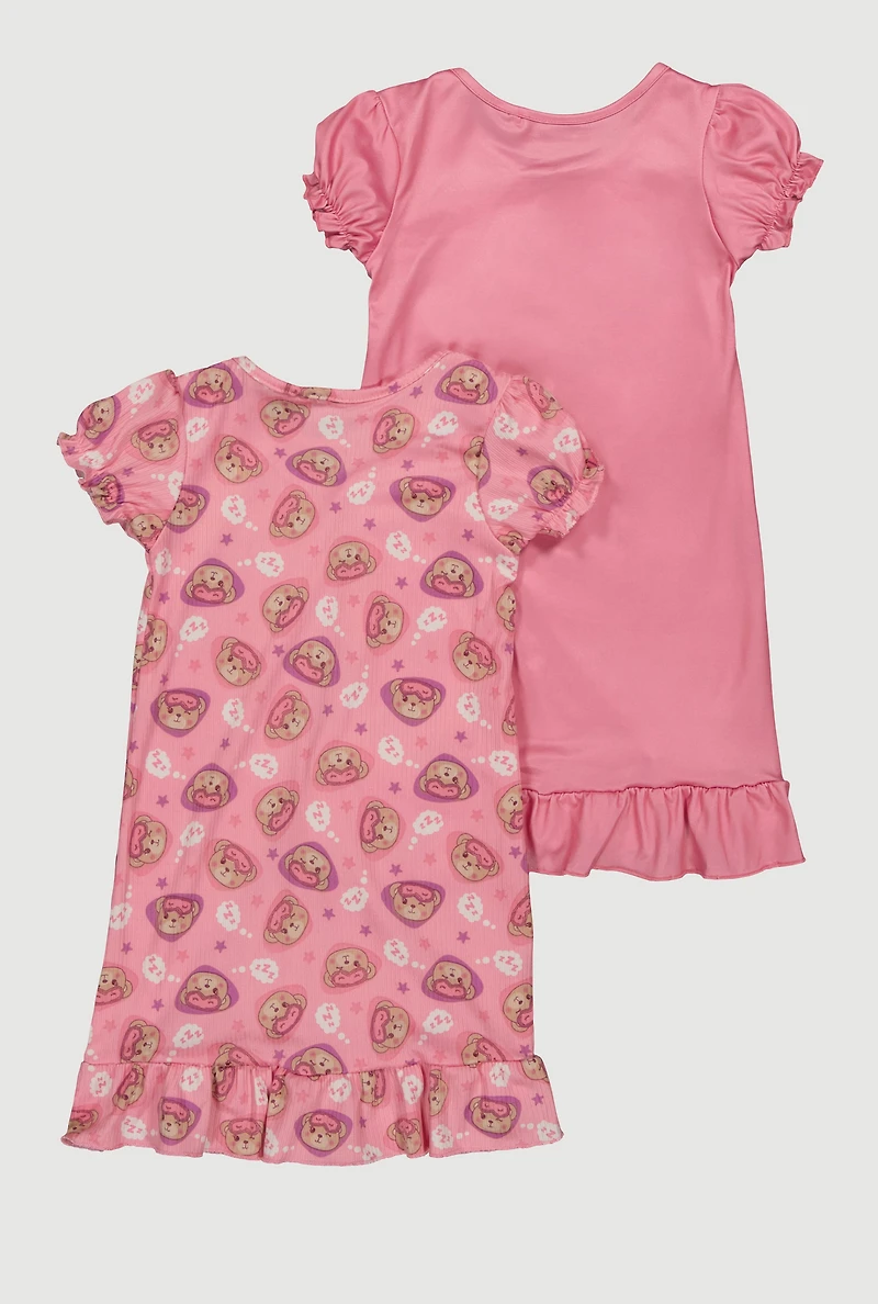 Toddler Girls Sweet Cute Bear Graphic Nightgowns with Scrunchie