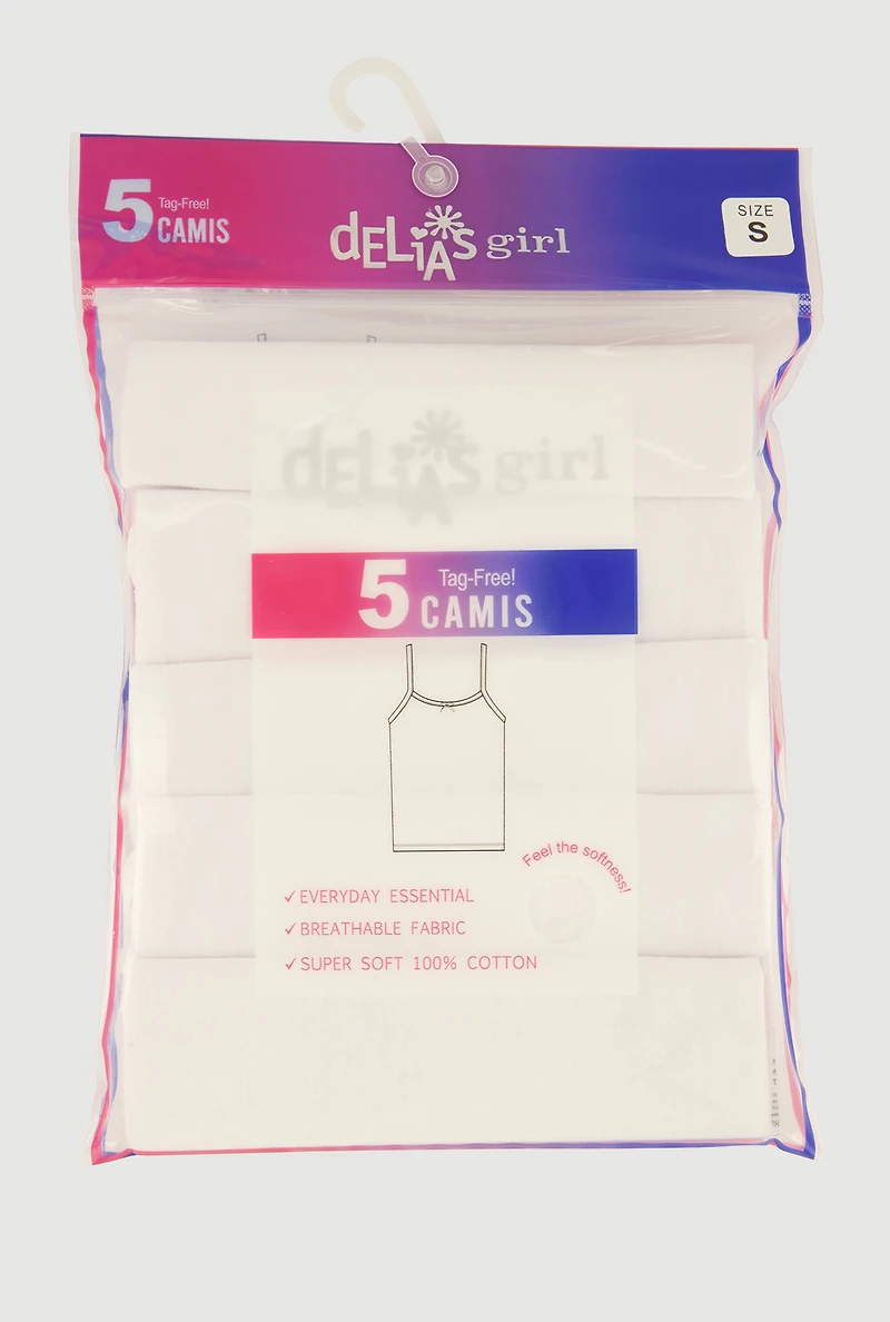 Womens Girls Solid Square Neck Camis 5 Pack, White, Size 12-14