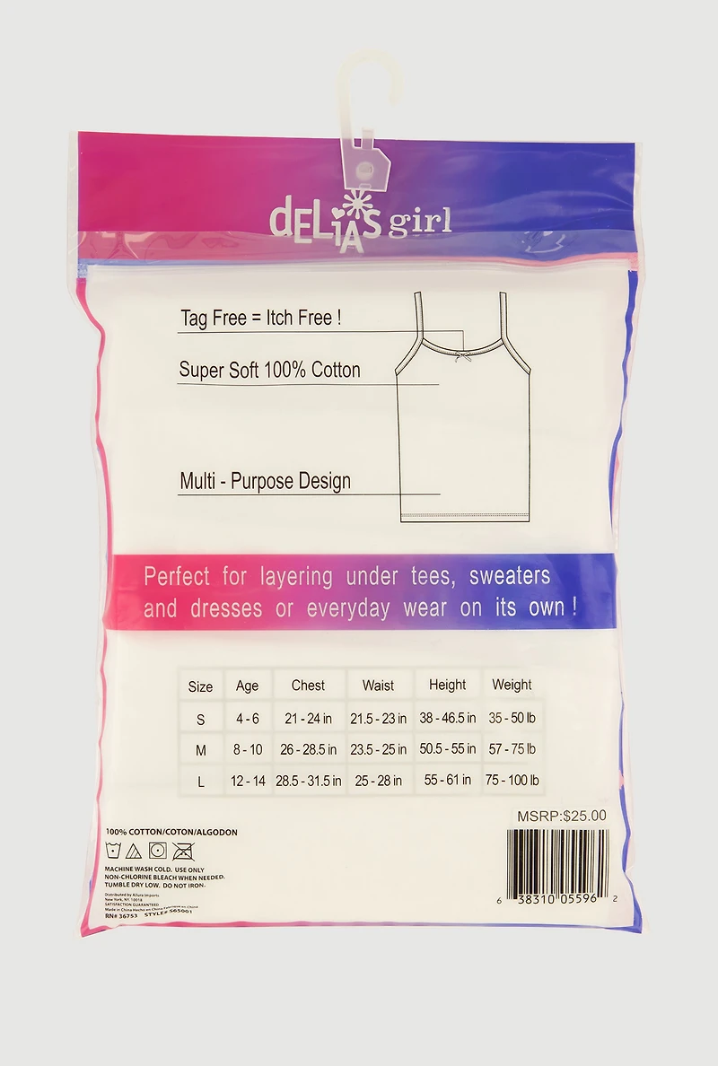 Womens Girls Solid Square Neck Camis 5 Pack, White, Size 12-14