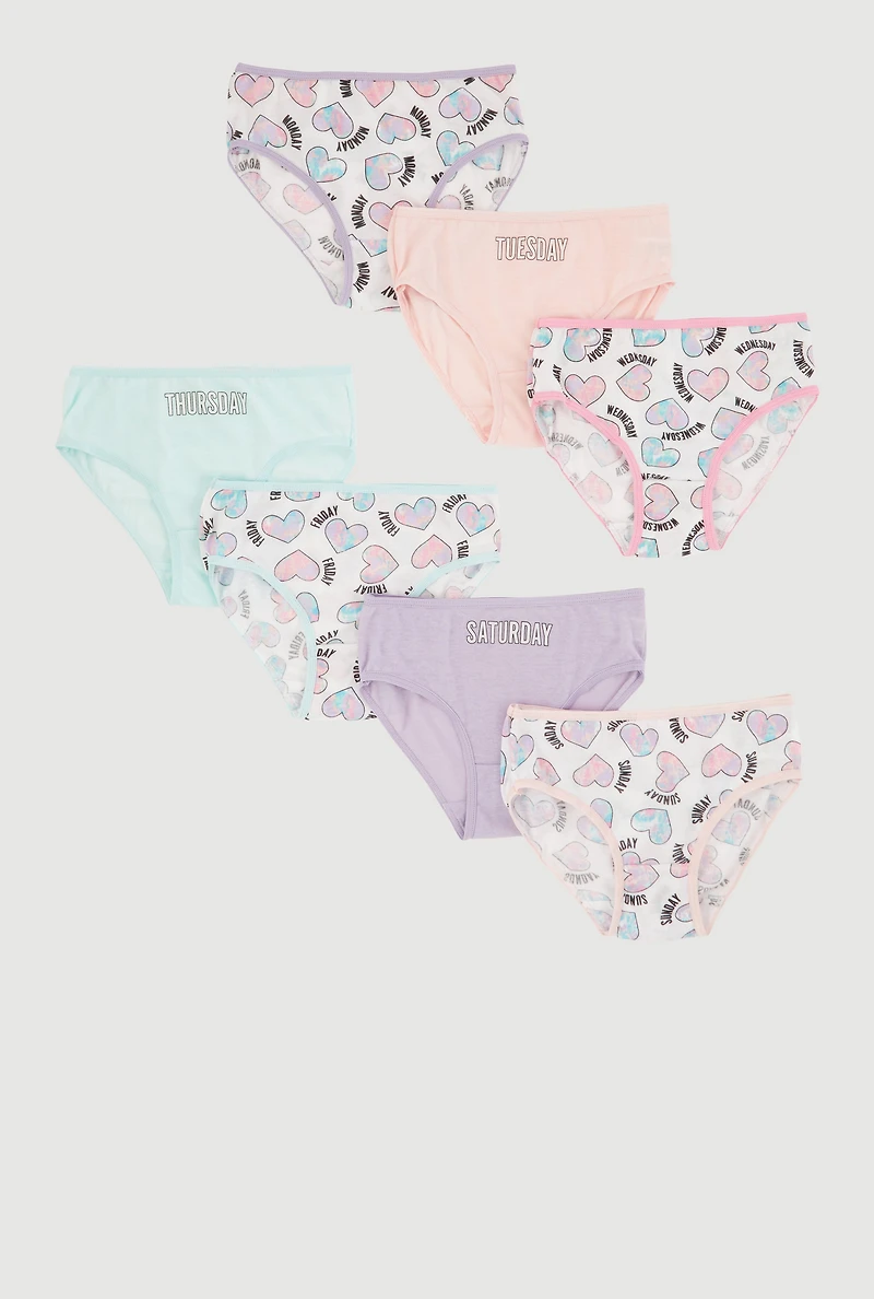 Womens Girls Days of the Week Heart Graphic Print Underwear 7 Pack, Multi, Size 12