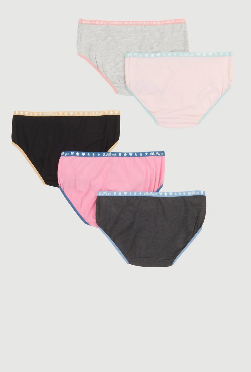 Womens Girls Contrast Trim Panties 5 Pack, Multi, Size 6-6X