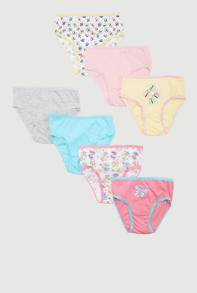 Womens Little Girls Butterfly Graphic Contrast Trim Panties 7 Pack, Multi, Size 4-5