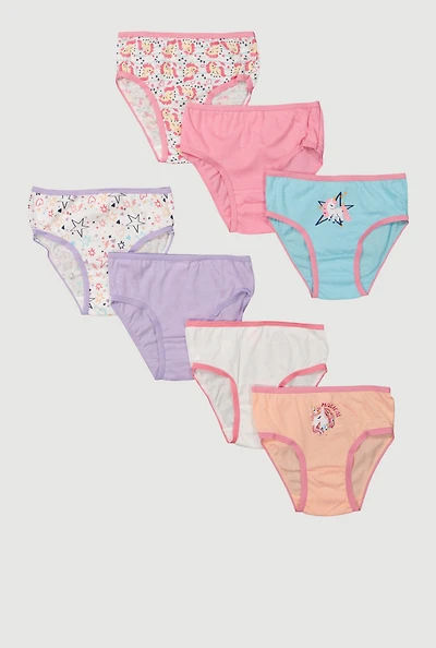 Womens Little Girls Hearts Stars Unicorn Print Underwear 7 Pack, Multi, Size 4-5