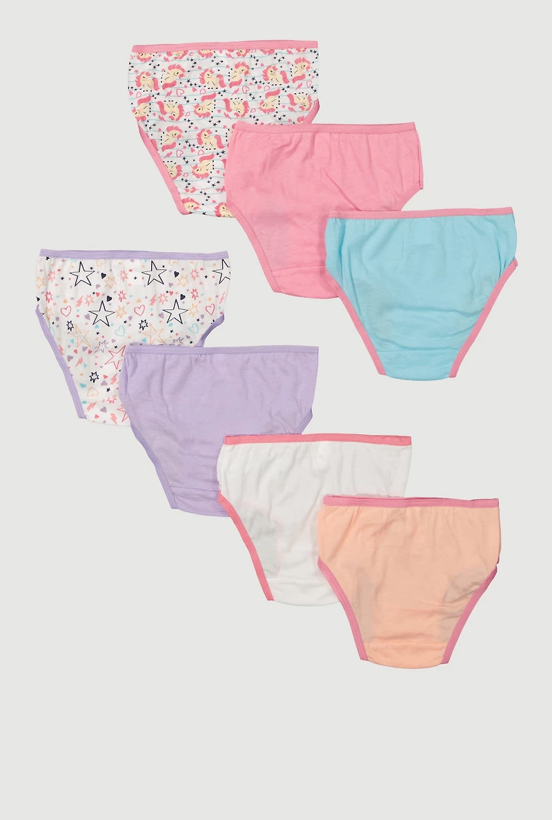 Womens Little Girls Hearts Stars Unicorn Print Underwear 7 Pack, Multi, Size 4-5