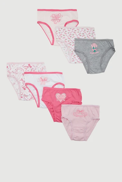 Womens Little Girls Days of the Week Bow Print Panties 7 Pack, Multi, Size 4-5