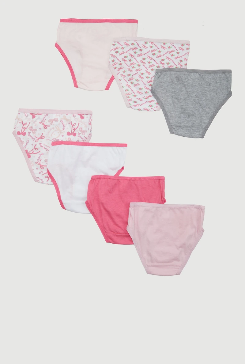 Womens Little Girls Days of the Week Bow Print Panties 7 Pack, Multi, Size 4-5