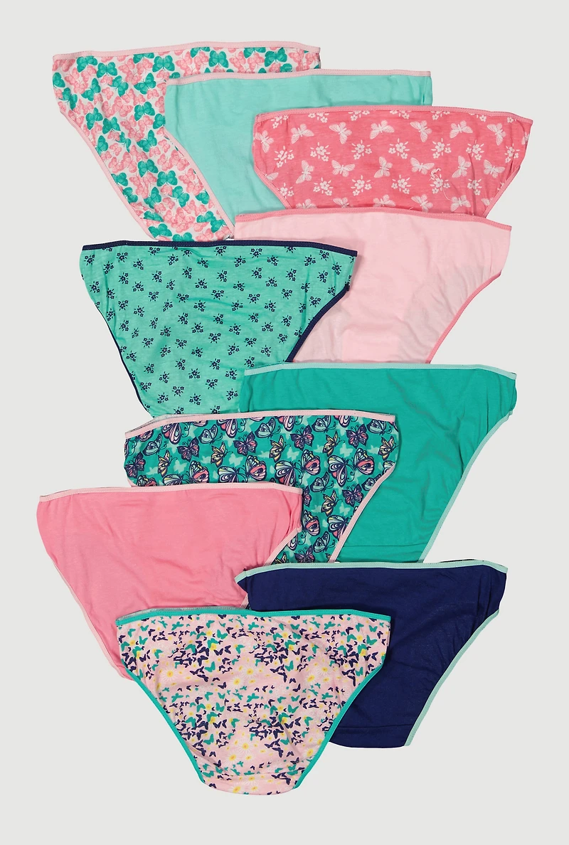 Womens Girls Butterfly Print Panties 10 Pack, Multi, Size 10-12