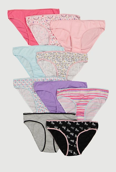 Womens Girls Printed Pattern Contrast Trim Panties 10 Pack, Multi, Size 10-12