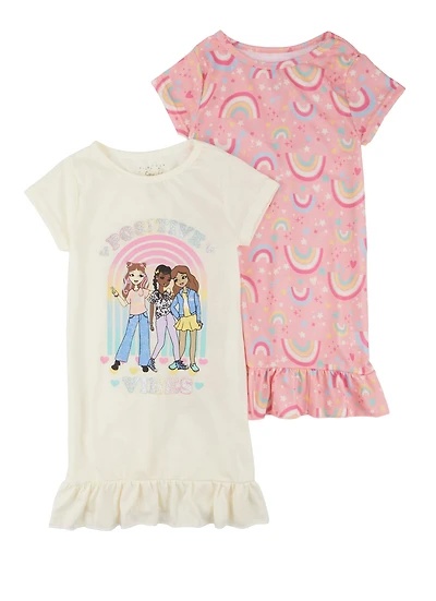 Girls Glitter Positive Vibes Nightgown 2 Pack, Multi, Size 4