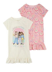Girls Glitter Positive Vibes Nightgown 2 Pack, Multi, Size 4