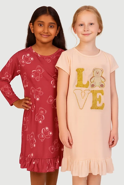 Girls Love Bear Print Nightgowns 2 Pack, Pink, Size 12