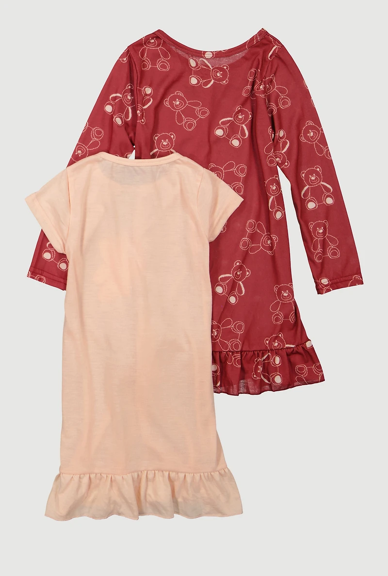 Girls Love Bear Print Nightgowns 2 Pack, Multi, Size 12
