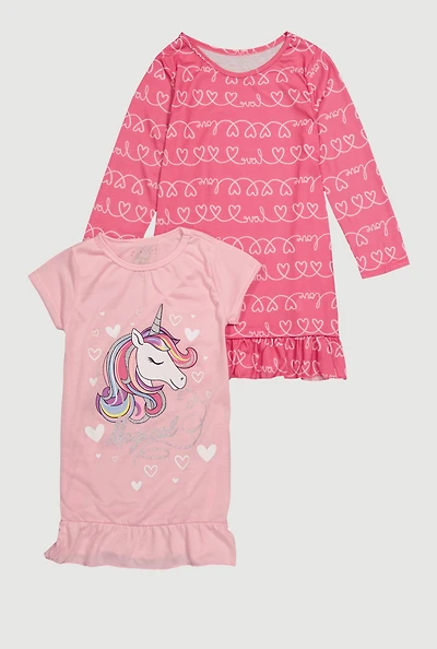 Girls Glitter Magical Love Print Nightgown 2 Pack, Pink,