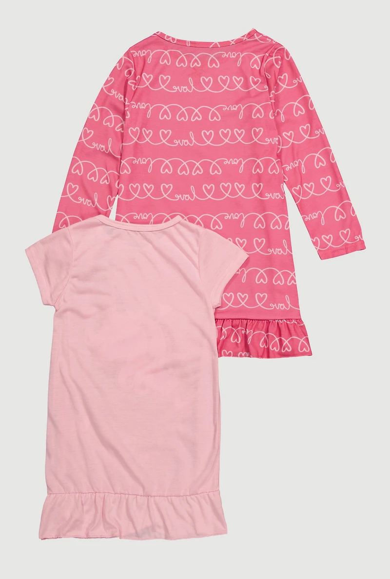 Girls Glitter Magical Love Print Nightgown 2 Pack, Pink, Size 4