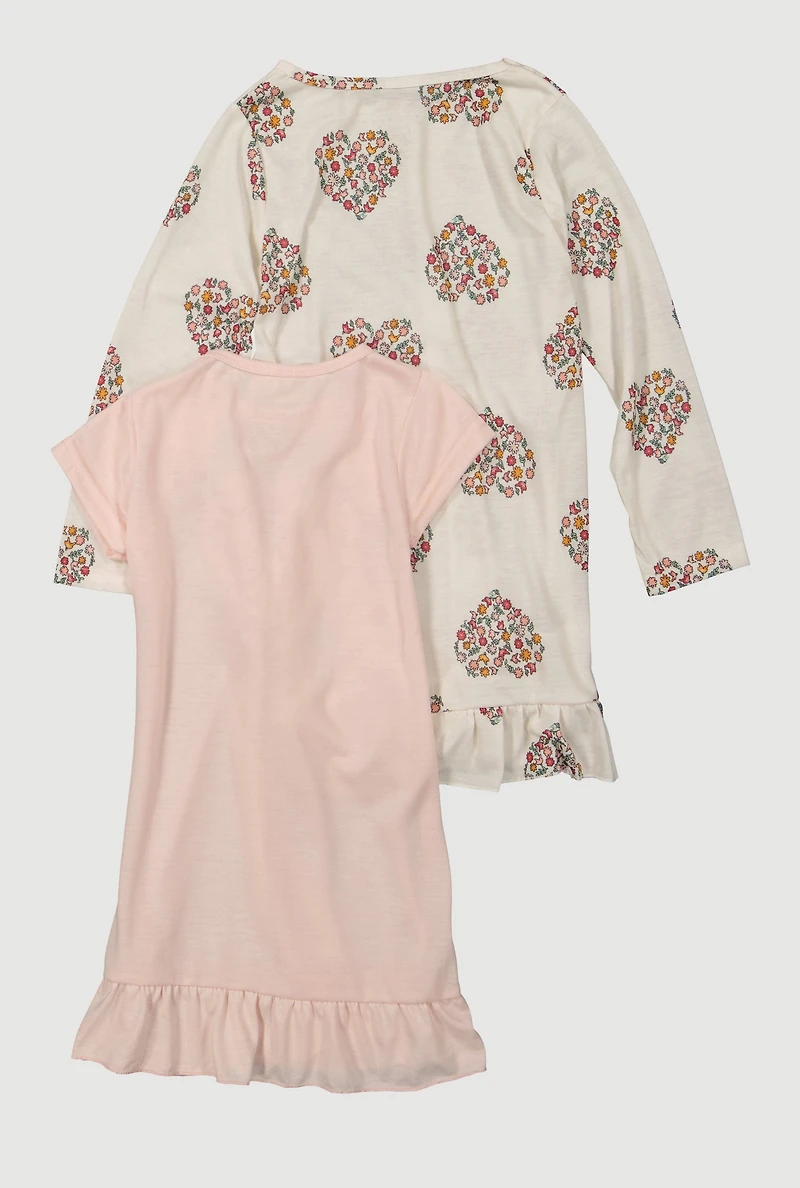 Girls Beautiful Floral Heart Print Nightgowns 2 Pack, Multi, Size 6
