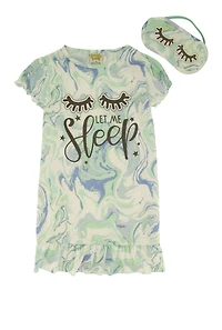 Little Girls Let Me Sleep Nightgown with Sleep Mask, Green, Size 10