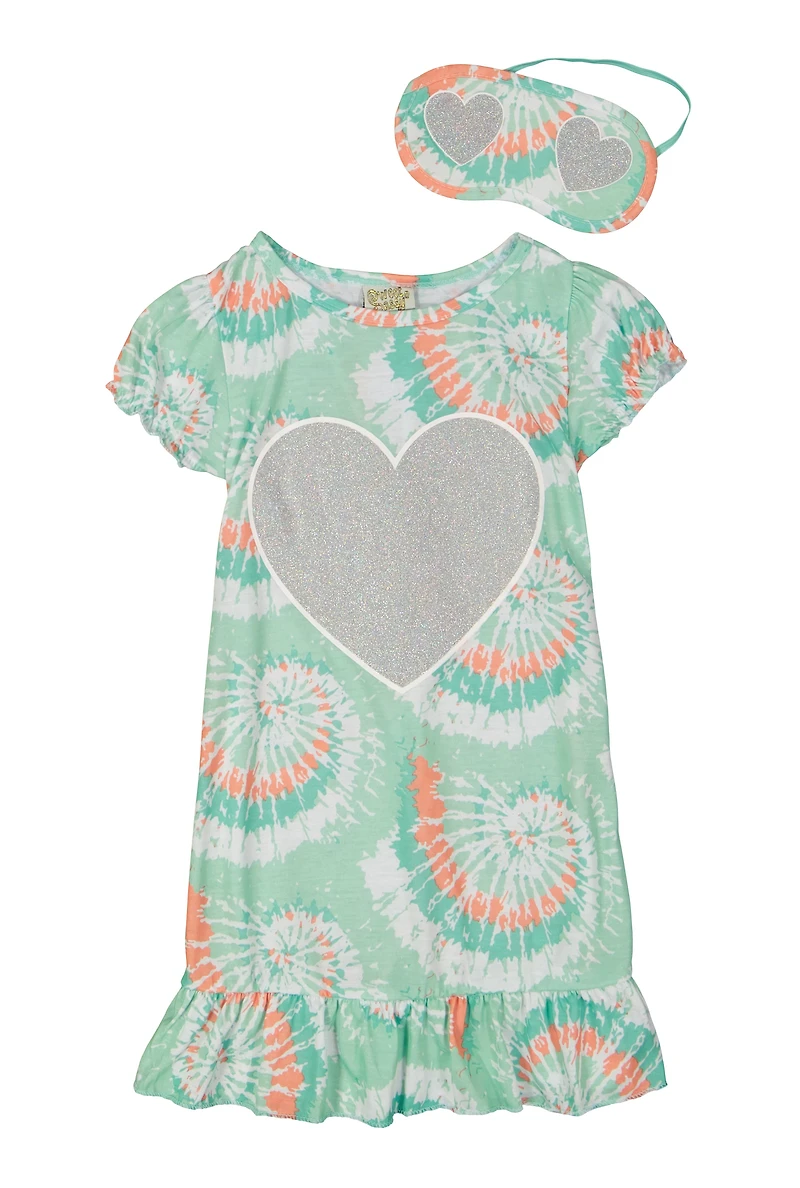 Little Girls Glitter Heart Nightgown with Sleep Mask, Green, Size 14
