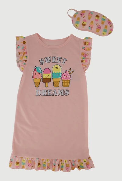 Girls Sweet Dreams Nightgown with Sleep Mask, Pink, Size 12