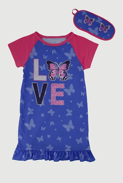 Girls Love Butterfly Nightgown with Sleep Mask, Blue, Size 10