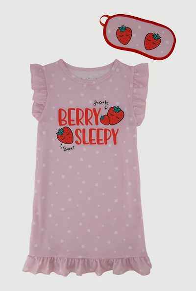 Girls Berry Sleepy Nightgown with Sleep Mask, Pink, Size 8