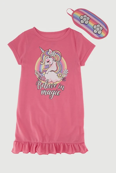 Girls Glitter Believe Magic Print Nightgown and Sleep Mask, Pink,