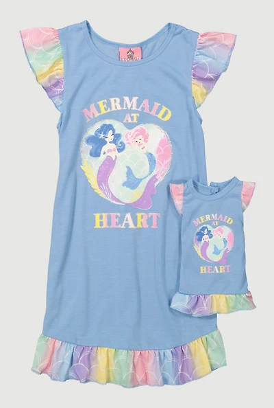 Girls Mermaid At Heart Nightgown, Blue,