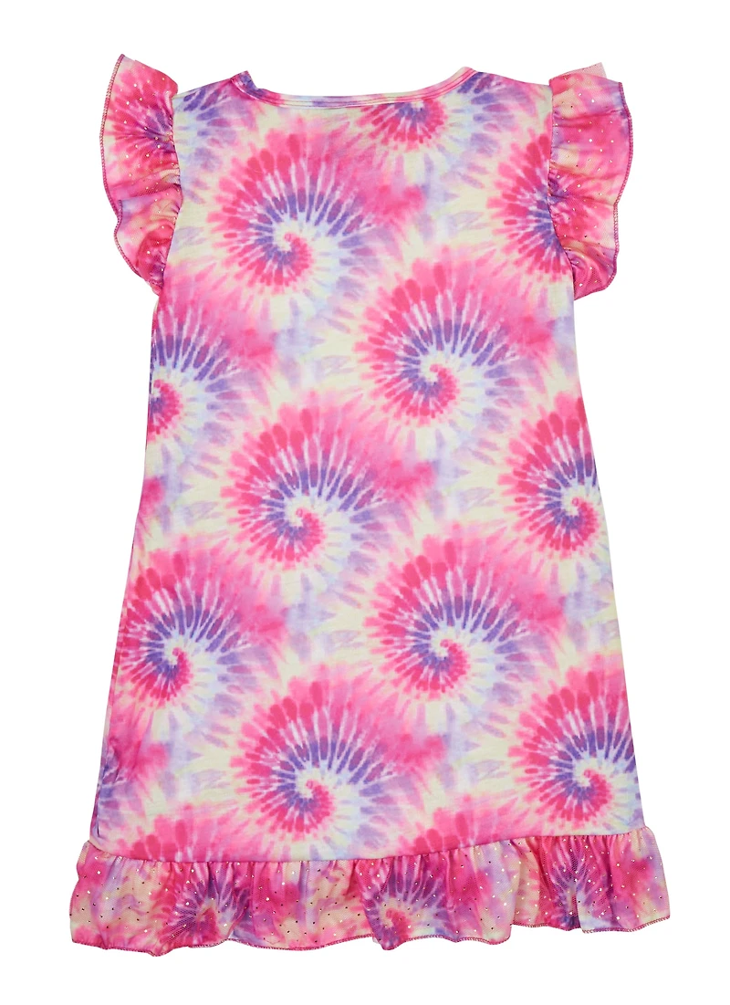 Little Girls Smiley Sequin Tie Dye Nightgown with Scrunchie, Pink, Size 6X