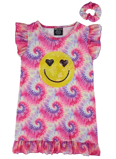Girls Smiley Sequin Tie Dye Nightgown with Scrunchie