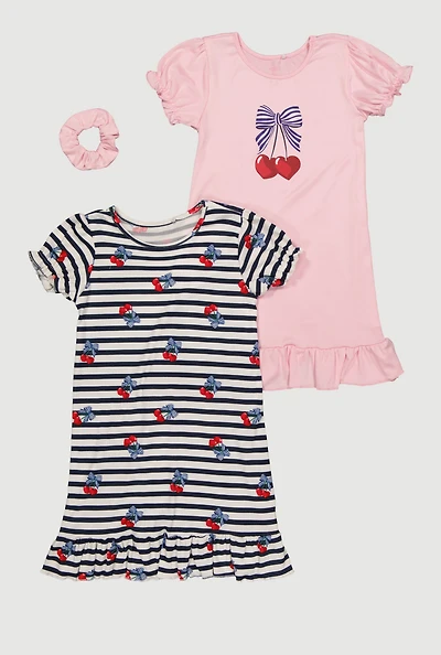 Little Girls Cherry Graphic Nightgowns with Scrunchie