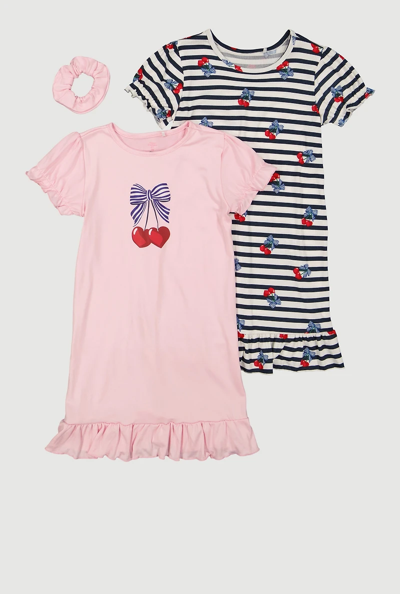 Girls Cherry Graphic Nightgowns with Scrunchie