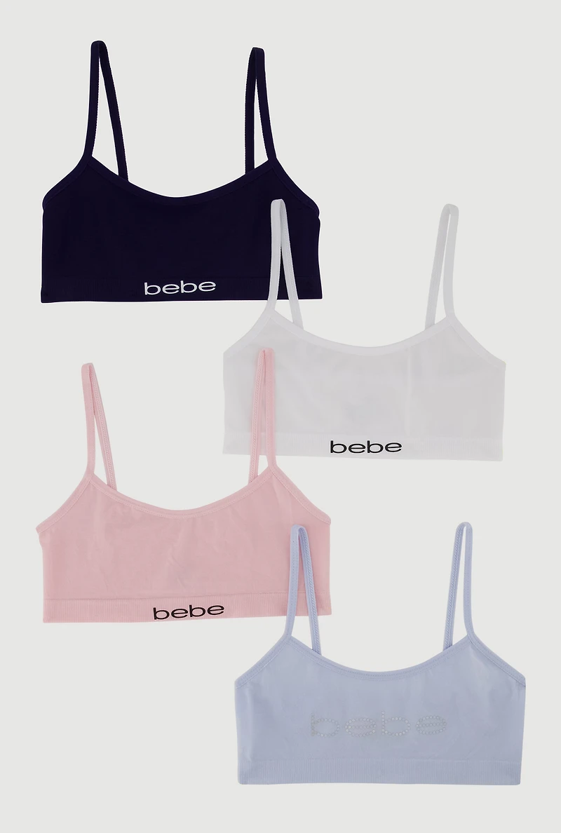 Womens Girls Bebe Rhinestone Graphic Bras 4 Pack, Multi, Size M