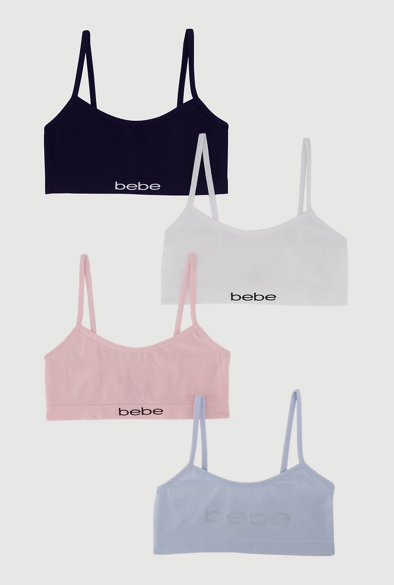 Womens Girls Rhinestone Bebe Graphic Bras 4 Pack, Multi,