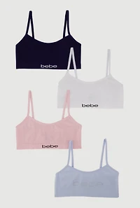 Womens Girls Rhinestone Bebe Graphic Bras 4 Pack, Multi,