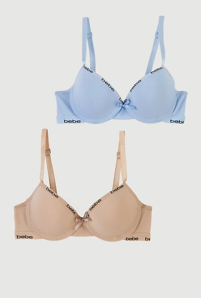 Womens Girls Bebe Plunge Bras with Adjustable Straps 2 Pack, Multi, Size 30B