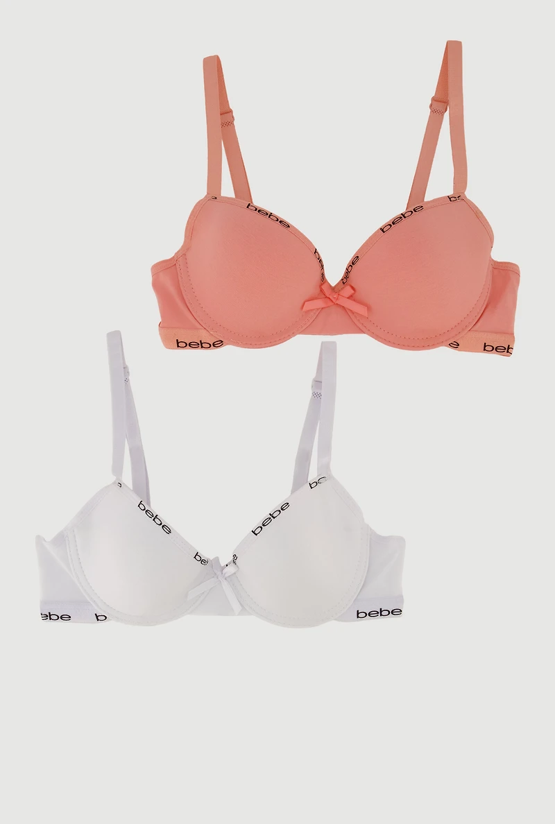 Womens Girls Bebe Graphic Trim Bras 2 Pack, Multi,