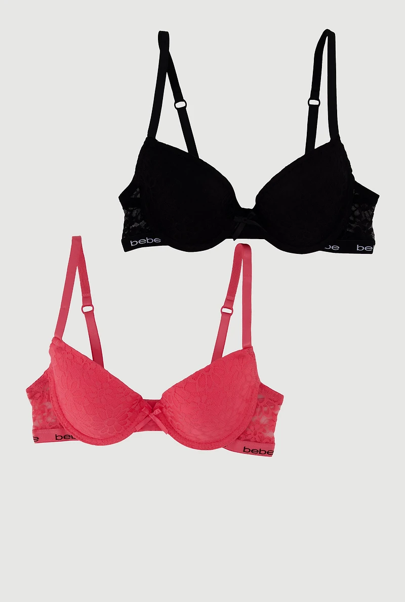 Womens Girls Bebe Floral Lace Padded Push Up Bras 2 Pack, Multi,