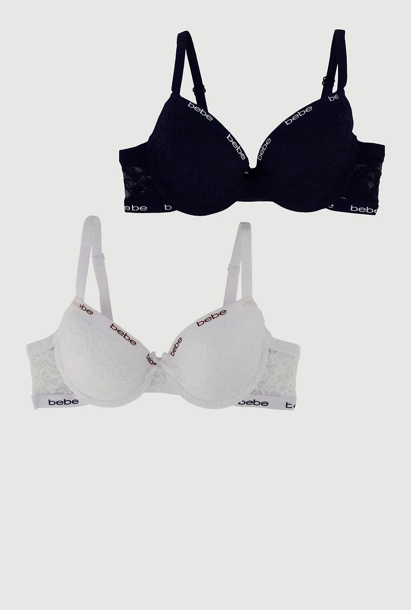 Womens Girls Bebe Floral Lace Push Up Bras 2 Pack, Multi,