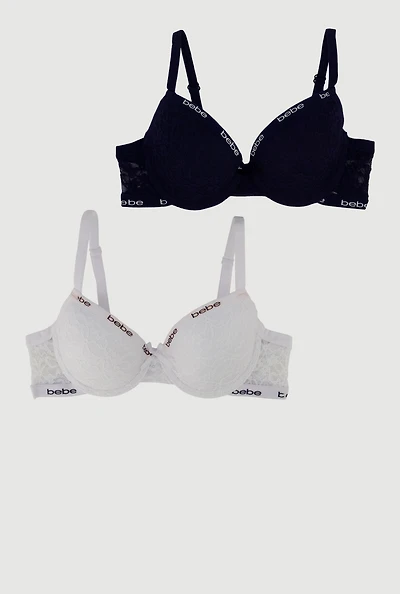 Womens Girls Bebe Floral Lace Push Up Bras 2 Pack, Multi,