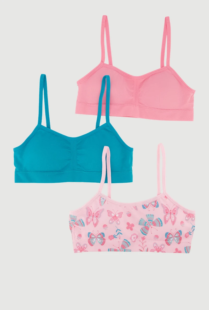 Womens Girls Seamless Butterfly Bralettes 3 Pack, Multi, Size S