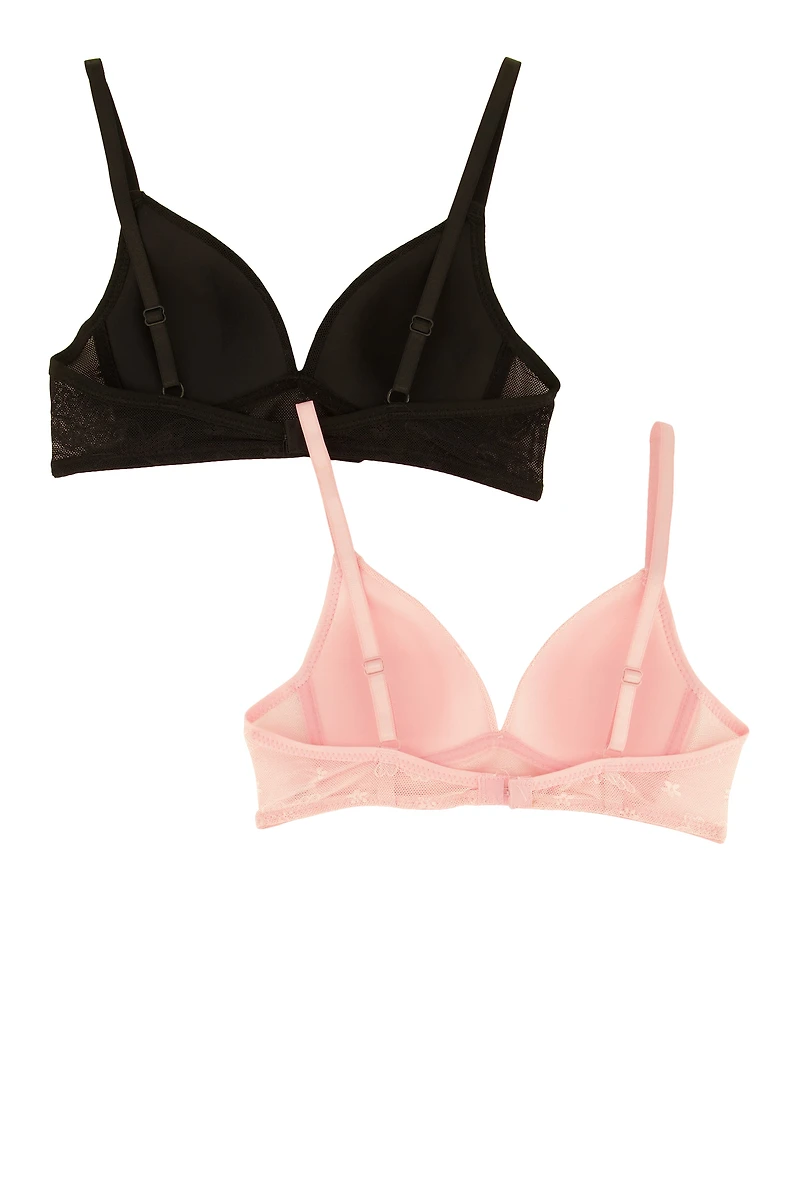 Womens Girls Solid Floral Lace Plunge Bras 2 Pack, Multi,