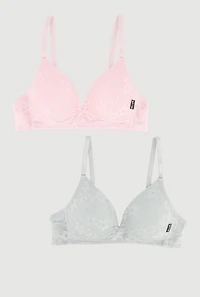 Womens Girls Bow Detail Floral Lace Plunge Bras 2 Pack, Multi,