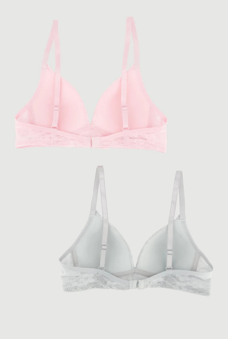Womens Girls Bow Detail Floral Lace Plunge Bras 2 Pack, Multi,