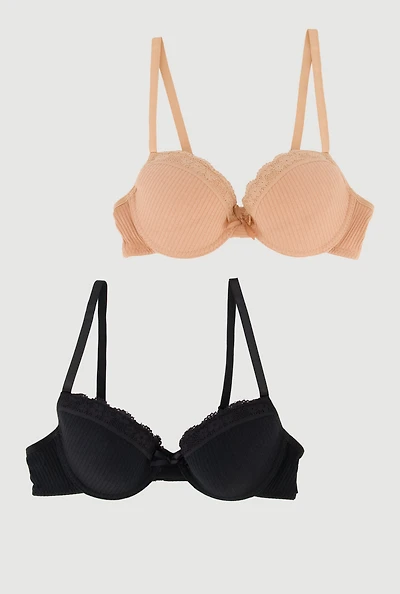 Womens Girls Lace Detail Rib Knit Balconette Bras 2 Pack, Multi, Size 32A