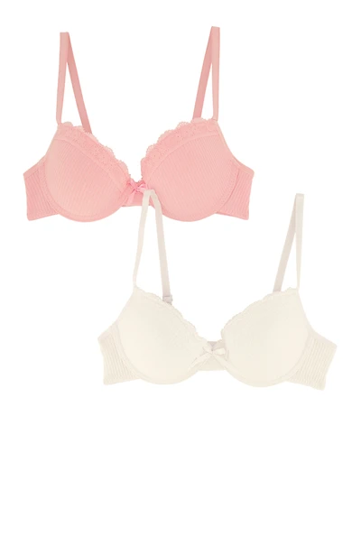 Girls Ribbed Knit Lace Trim Plunge Bra 2 Pack