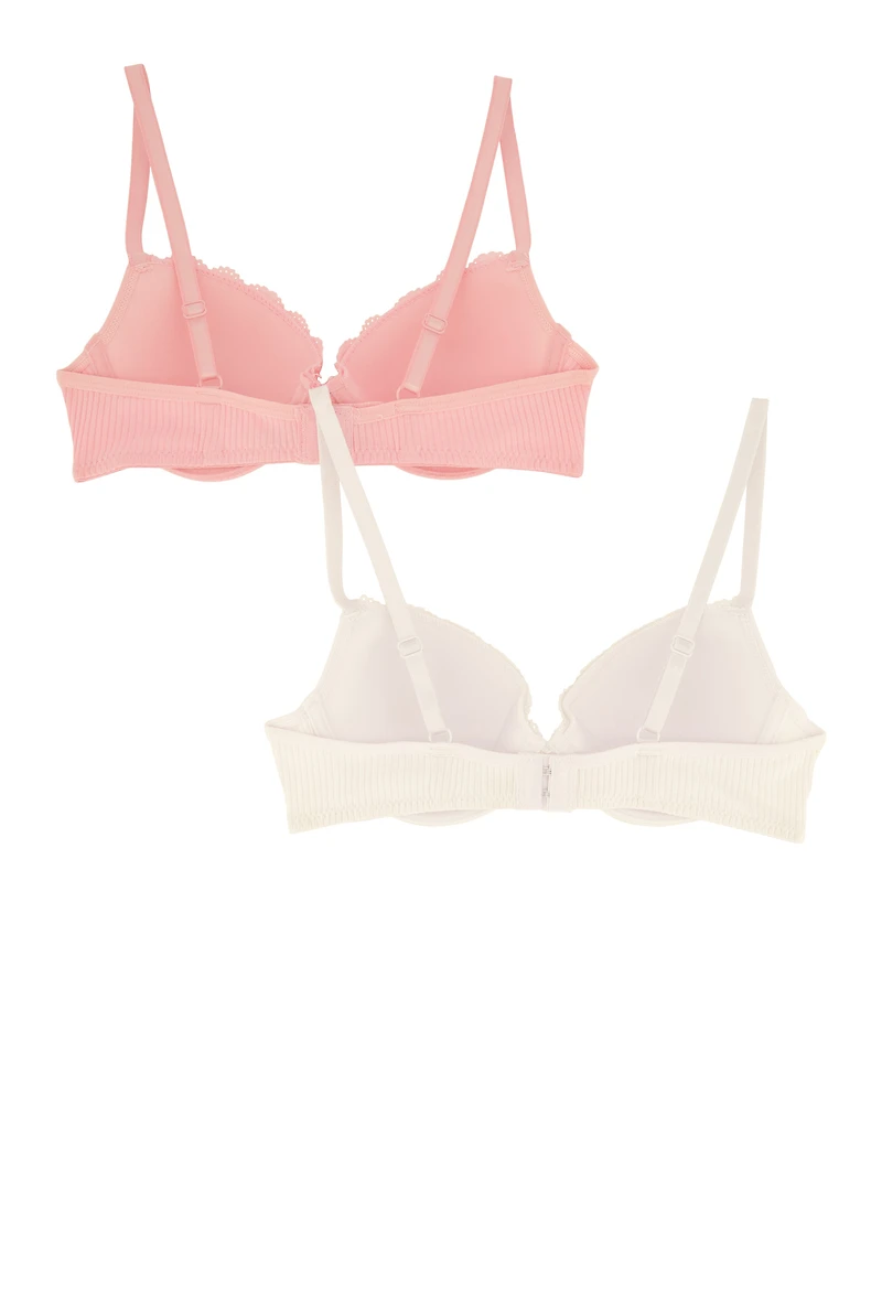 Girls Ribbed Knit Lace Trim Plunge Bra 2 Pack