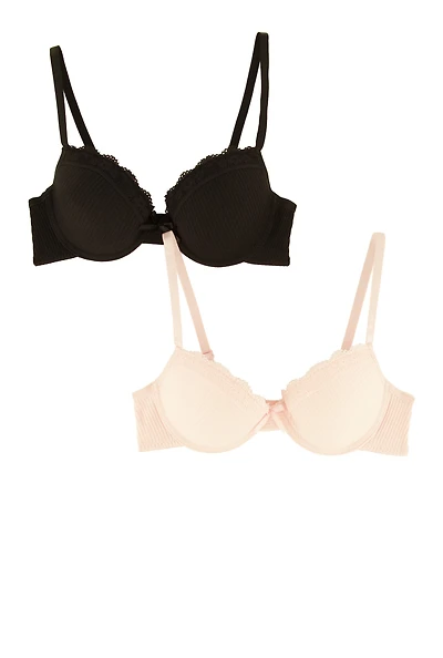 Girls Ribbed Lace Detail Plunge Bras 2 Pack