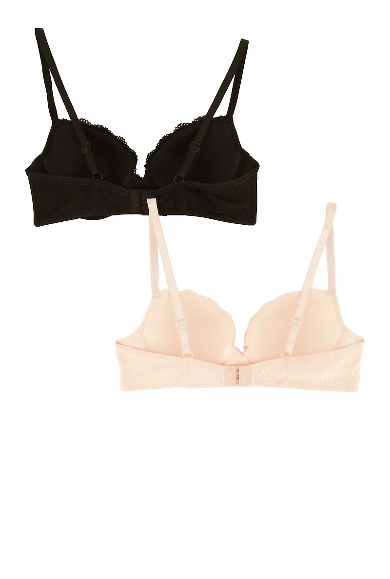 Girls Ribbed Lace Detail Plunge Bras 2 Pack
