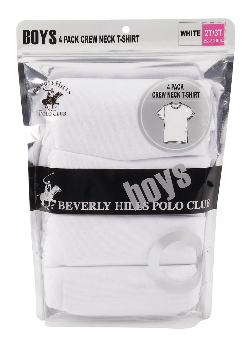 Toddler Boys Crew Neck Tees 4 Pack, White, Size 2T-3T