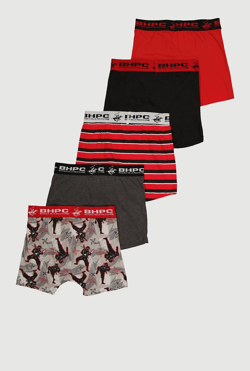Boys Striped Ninja Graphic Print Boxer Briefs 5 Pack, Red, Size 8-10